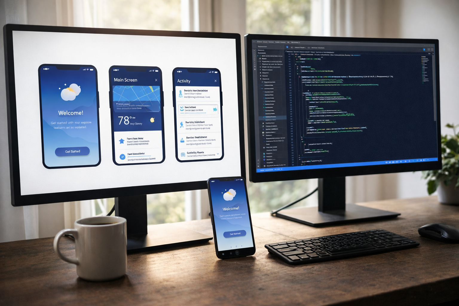 Developer desk with mobile app UI designs and code on dual monitors