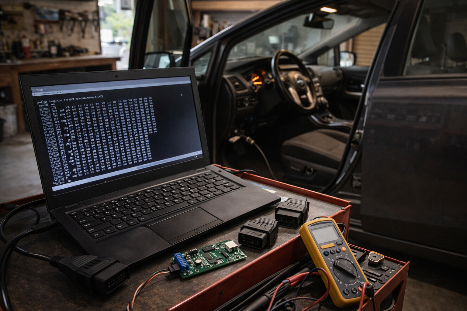Automotive hacking workstation with laptop showing CAN bus data next to vehicle with open door