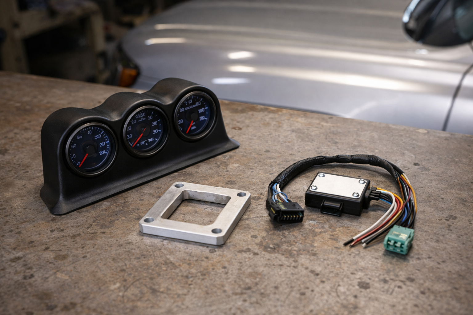 Aftermarket automotive gauge pod, mounting bracket, and electronics module