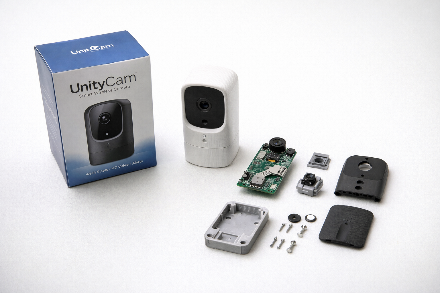 Consumer product in retail packaging with exploded prototype components