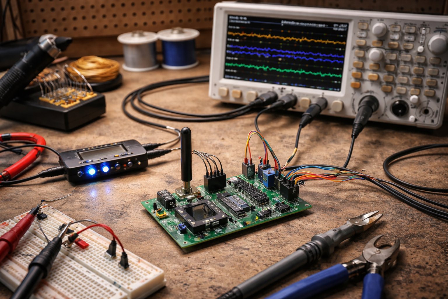 IoT electronics workbench with PCB, oscilloscope, and logic analyzer