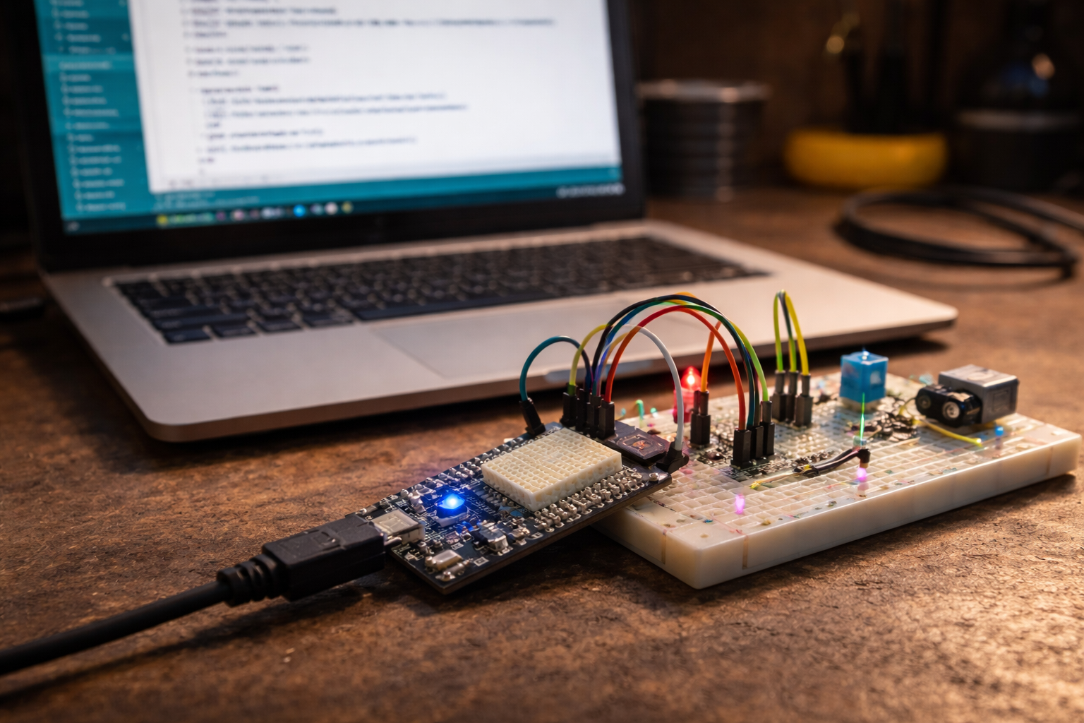 ESP32 development board on breadboard connected to laptop with firmware code