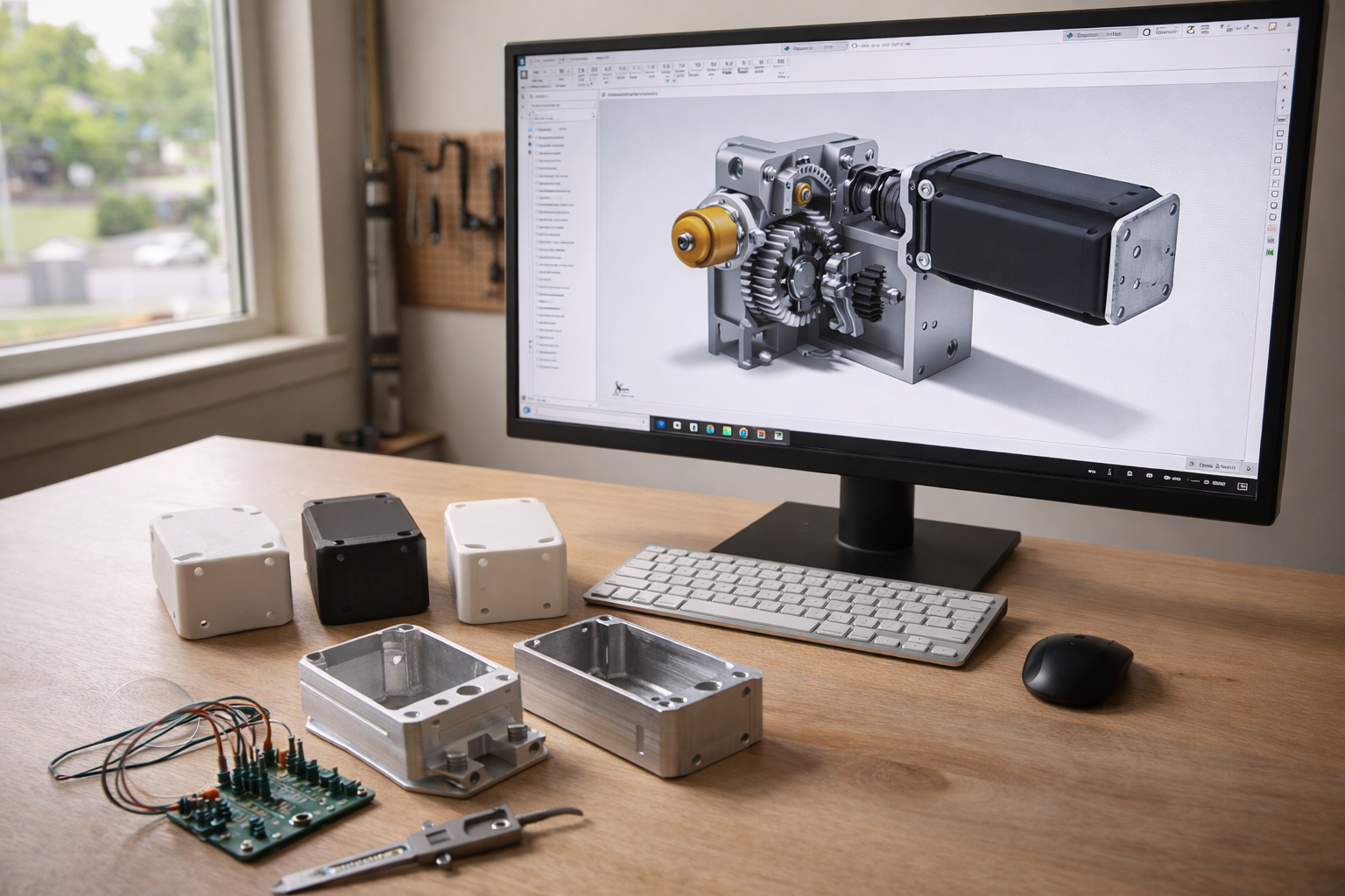 CAD workstation with 3D model and prototype enclosures on desk