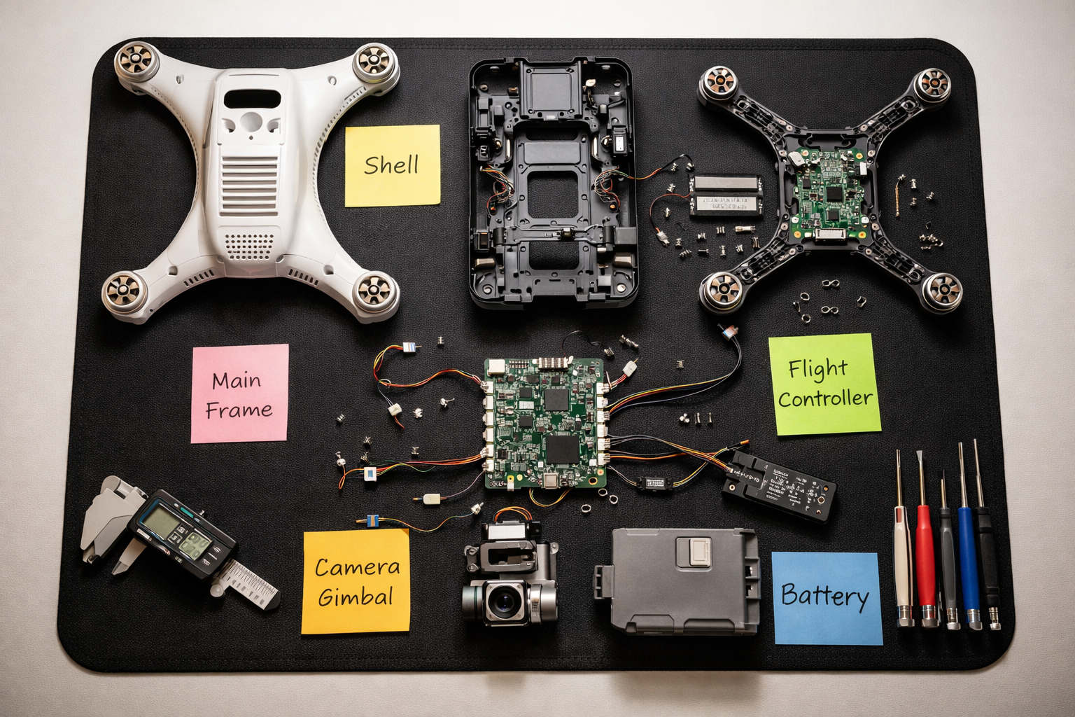 Electronics teardown workbench with disassembled device and analysis equipment