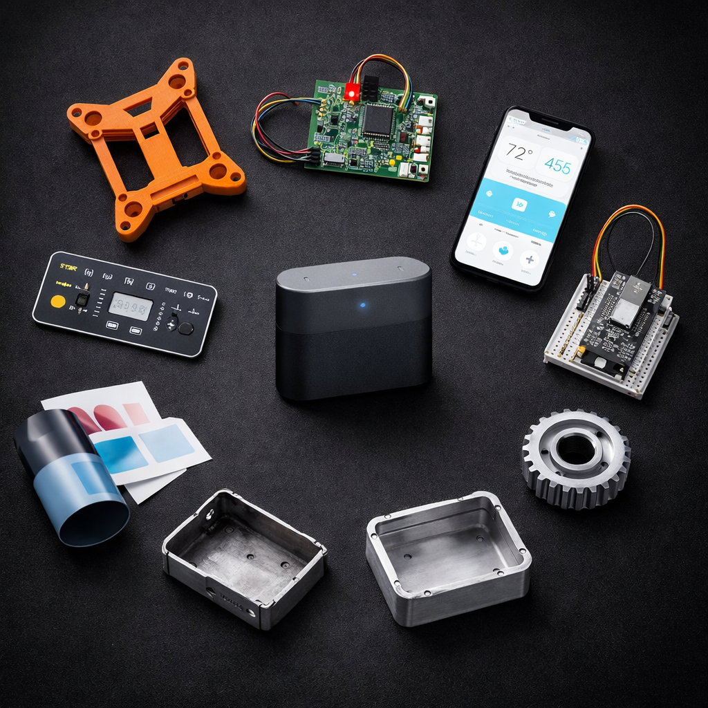 Newton Creative Labs workshop with electronics equipment, oscilloscope, and finished products