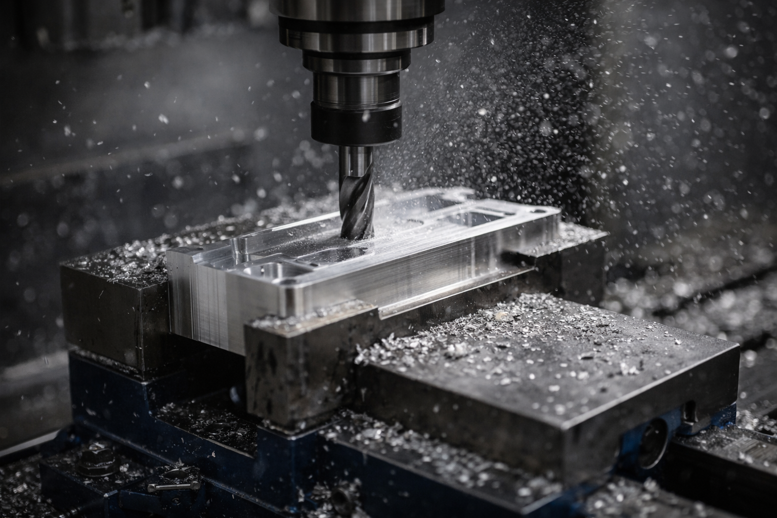 CNC milling machine cutting an aluminum part