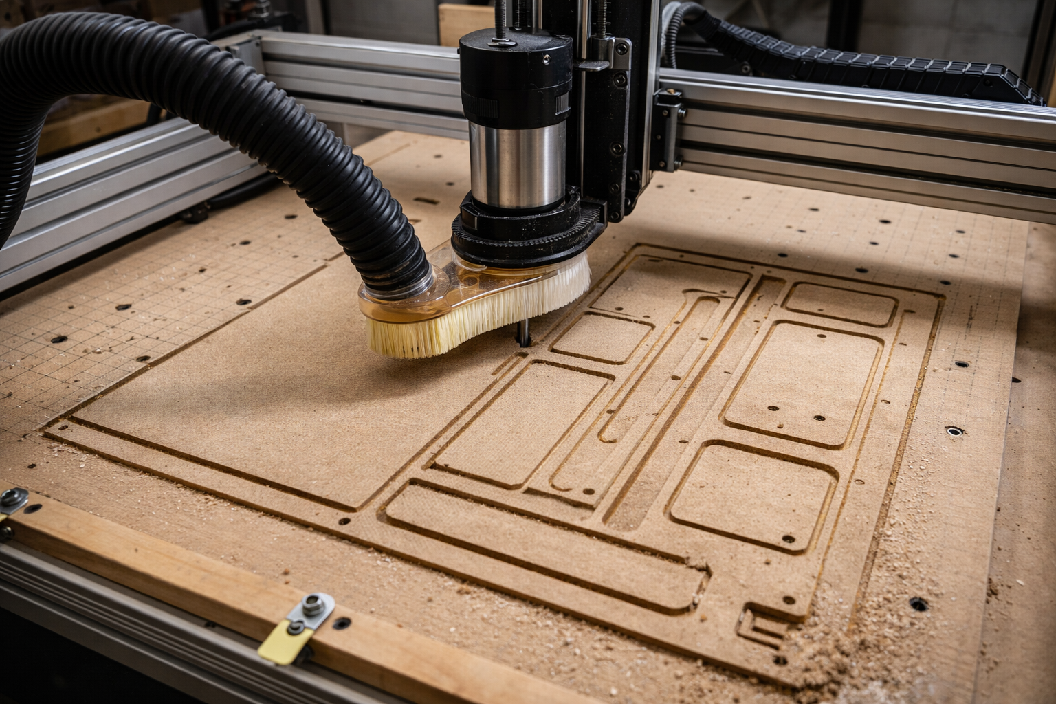 CNC router cutting panel from sheet material