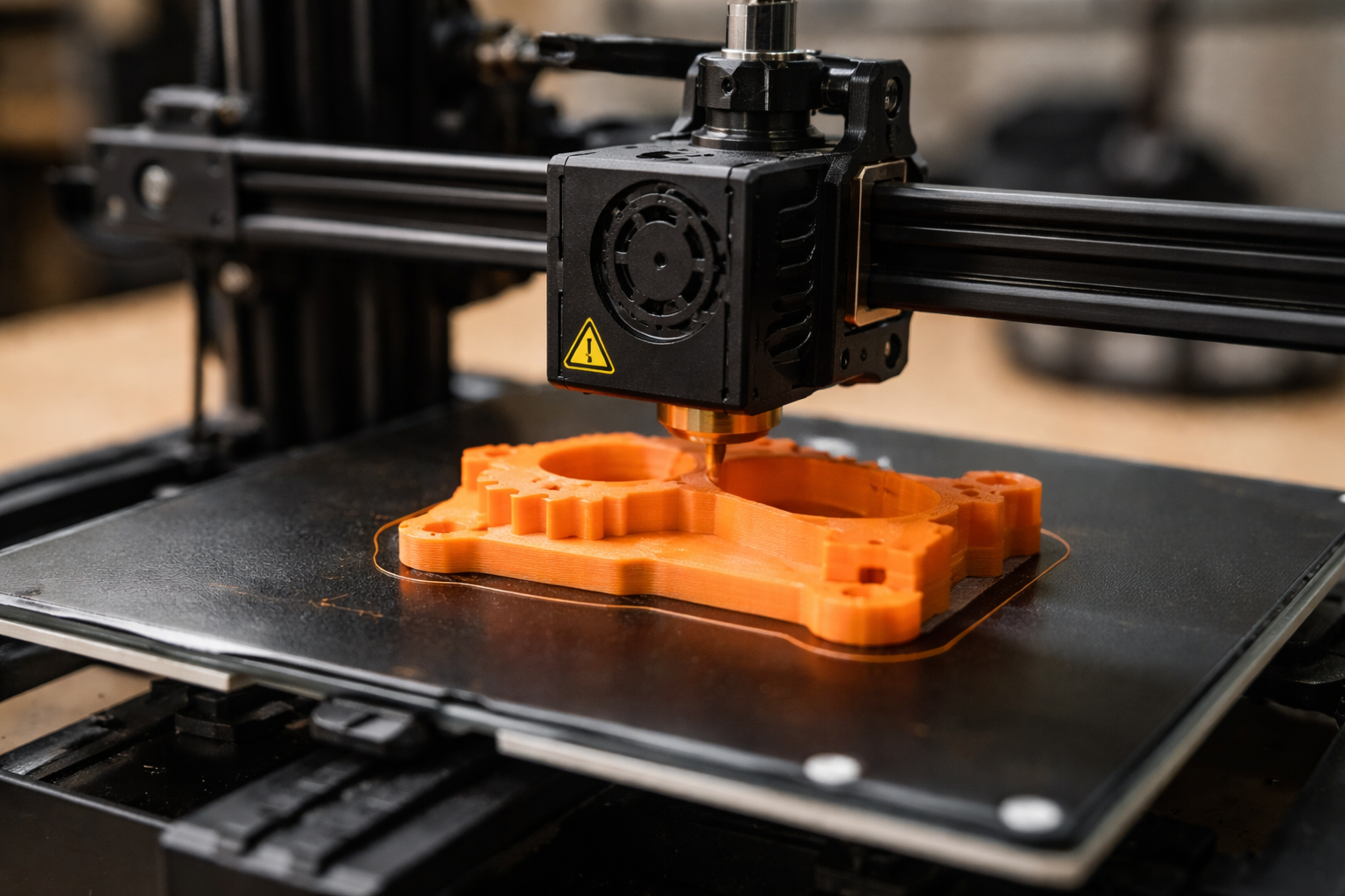 FDM 3D printer mid-print with orange filament