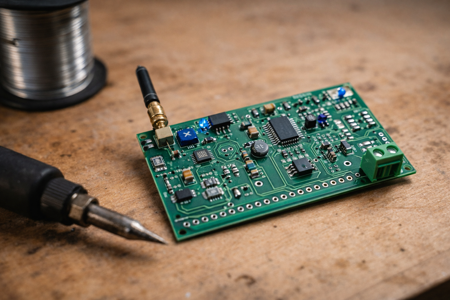 Custom prototype PCB with soldering iron on workbench