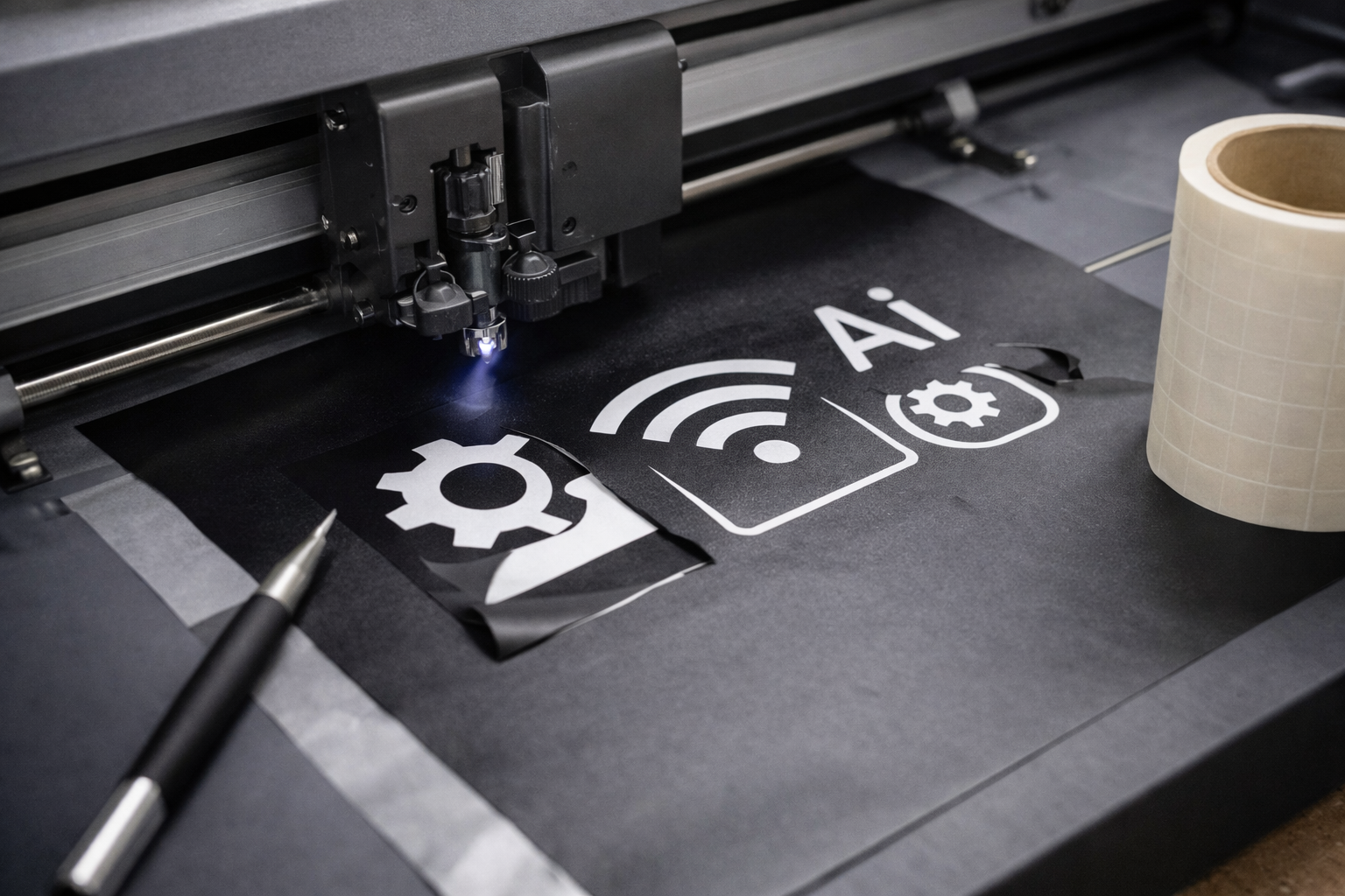 Vinyl cutter machine cutting design from black vinyl