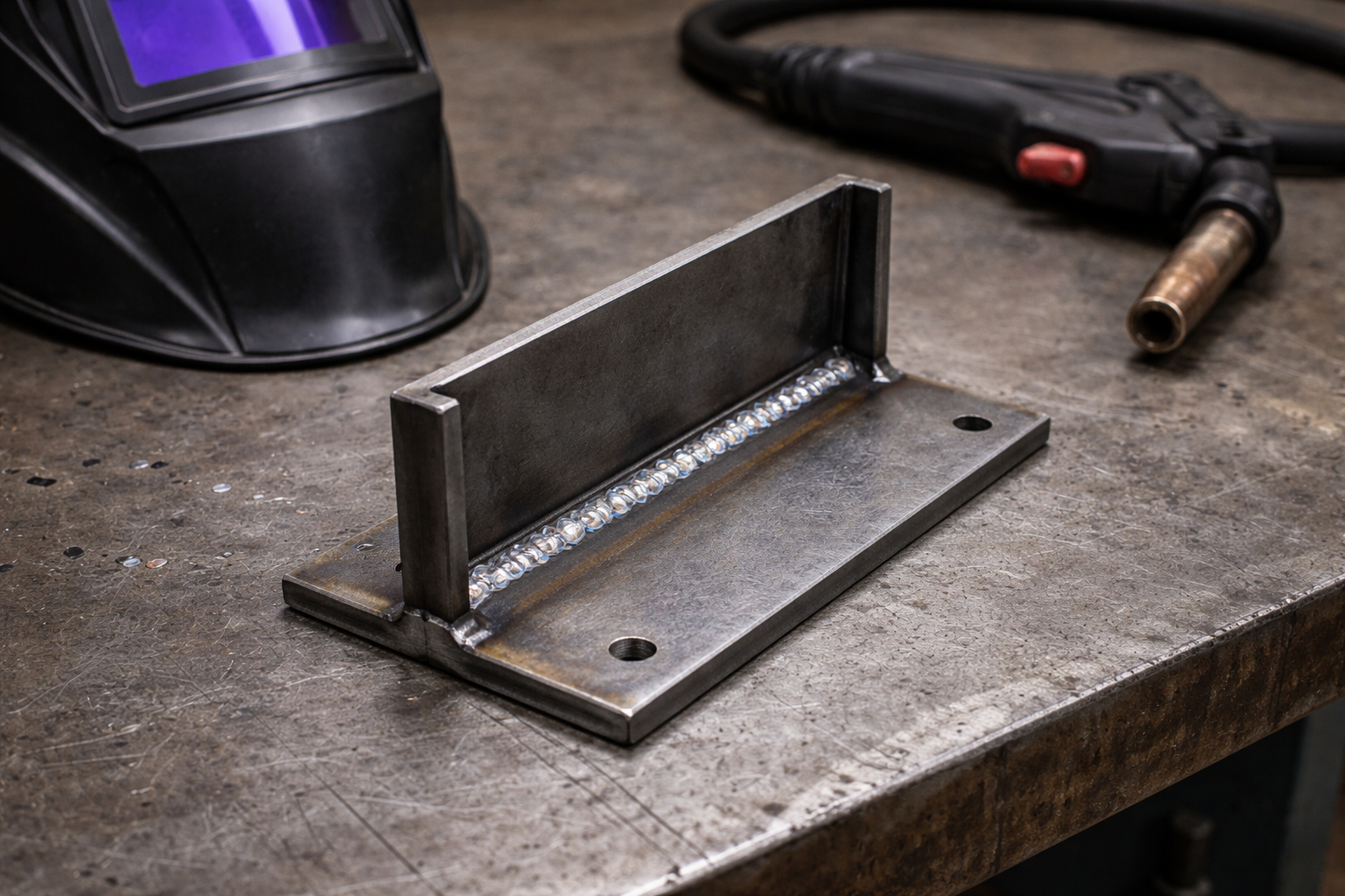 Freshly welded steel bracket on metal workbench