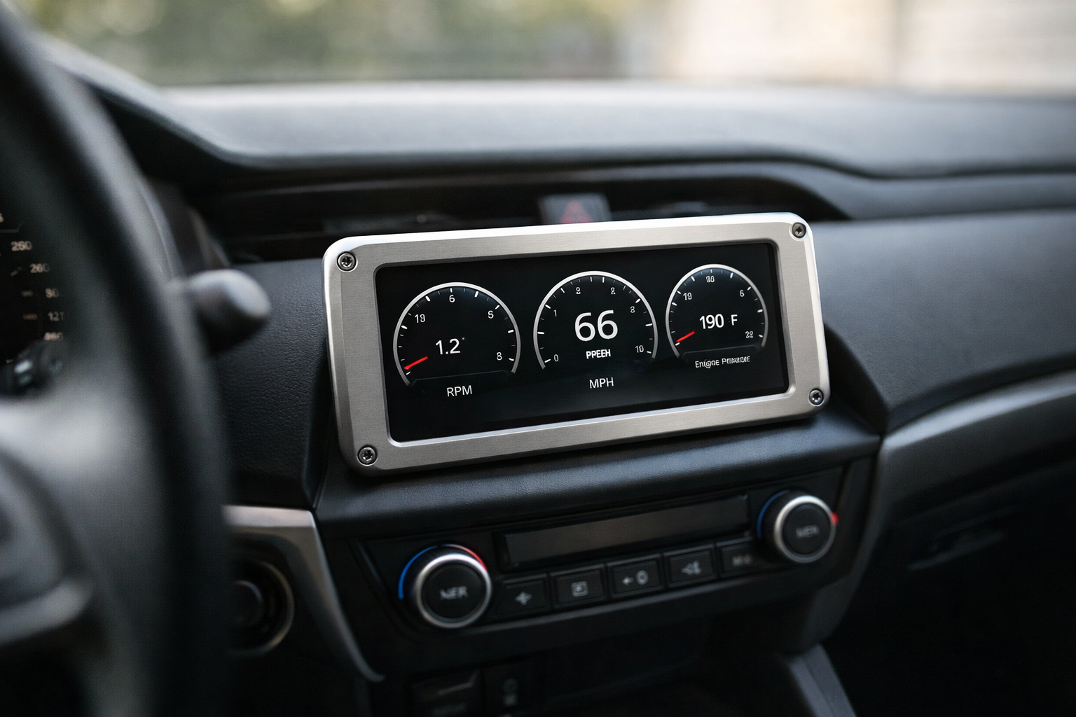 Custom digital dashboard display installed in vehicle console