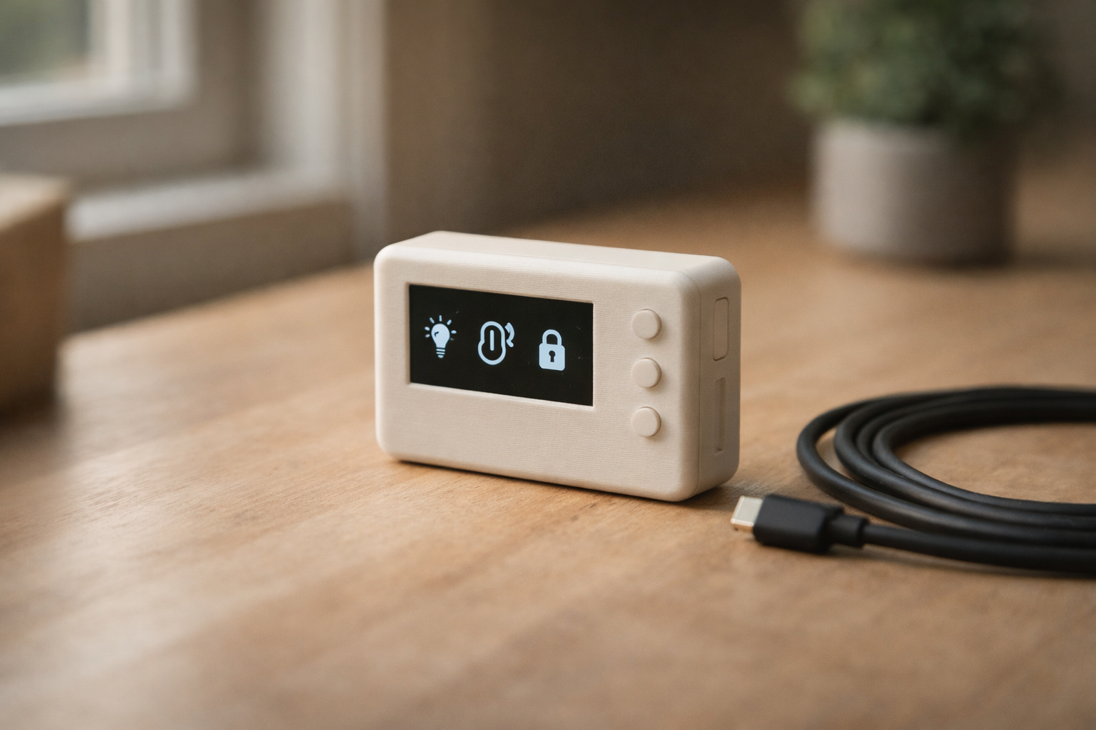 Smart home controller with OLED display in white 3D-printed enclosure